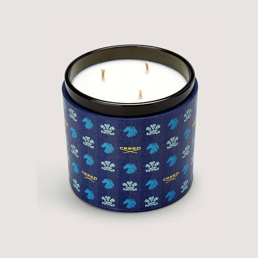 Bougie Birmanie Oud dans son étui en cuir bleu CREED - Parfumerie du Soleil d'Or