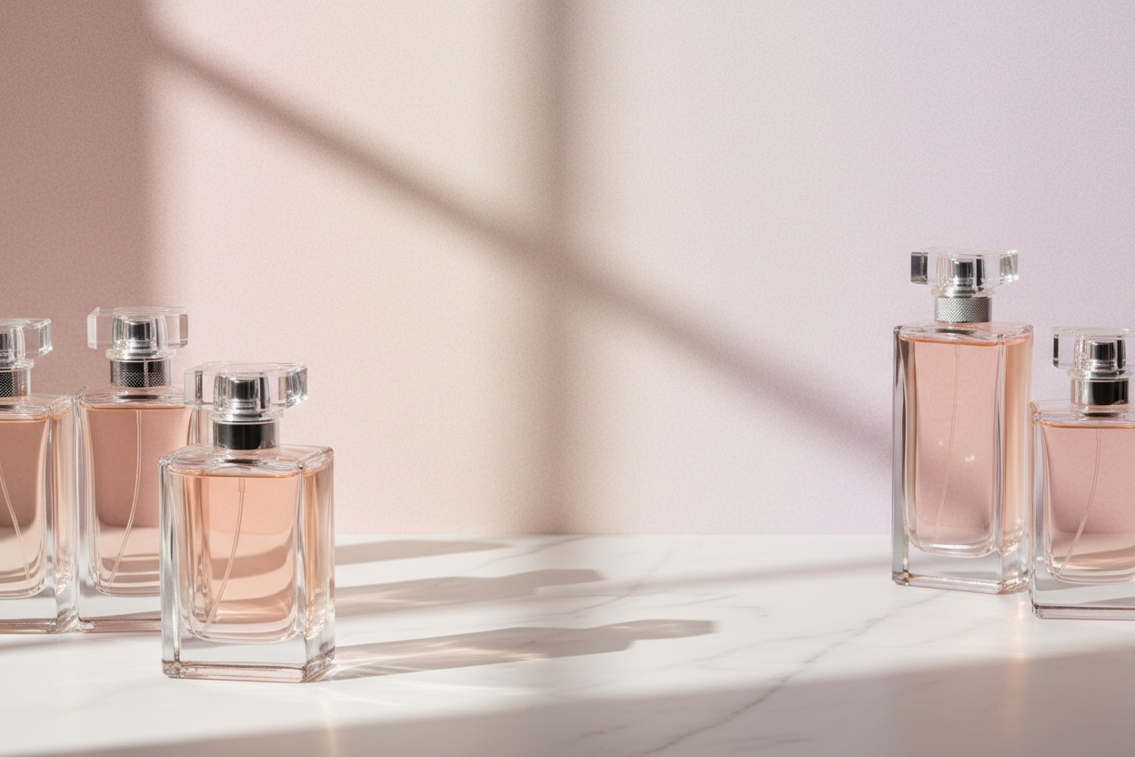 Luxury perfume discovery atmosphere, minimalist and elegant.
Soft natural light, warm and refined mood.
Transparent glass perfume bottles partially visible, no brand, no label.
Subtle golden reflections, light shadows.
Background with smooth pastel gradient and fine grain texture.
High-end editorial photography style, airy composition, lots of negative space.
No people, no text, no logo.
Ultra realistic, 16:9, high resolution.
